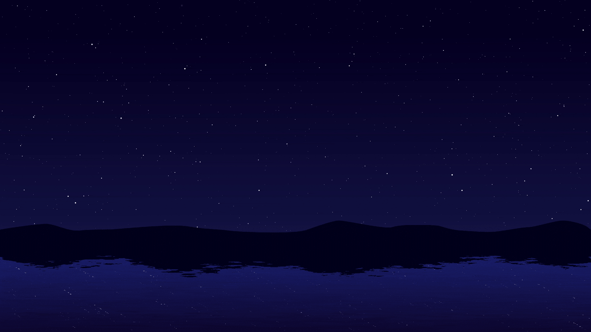 Animated fireworks shoot up into a starry blue sky. The light reflects off a lake below.