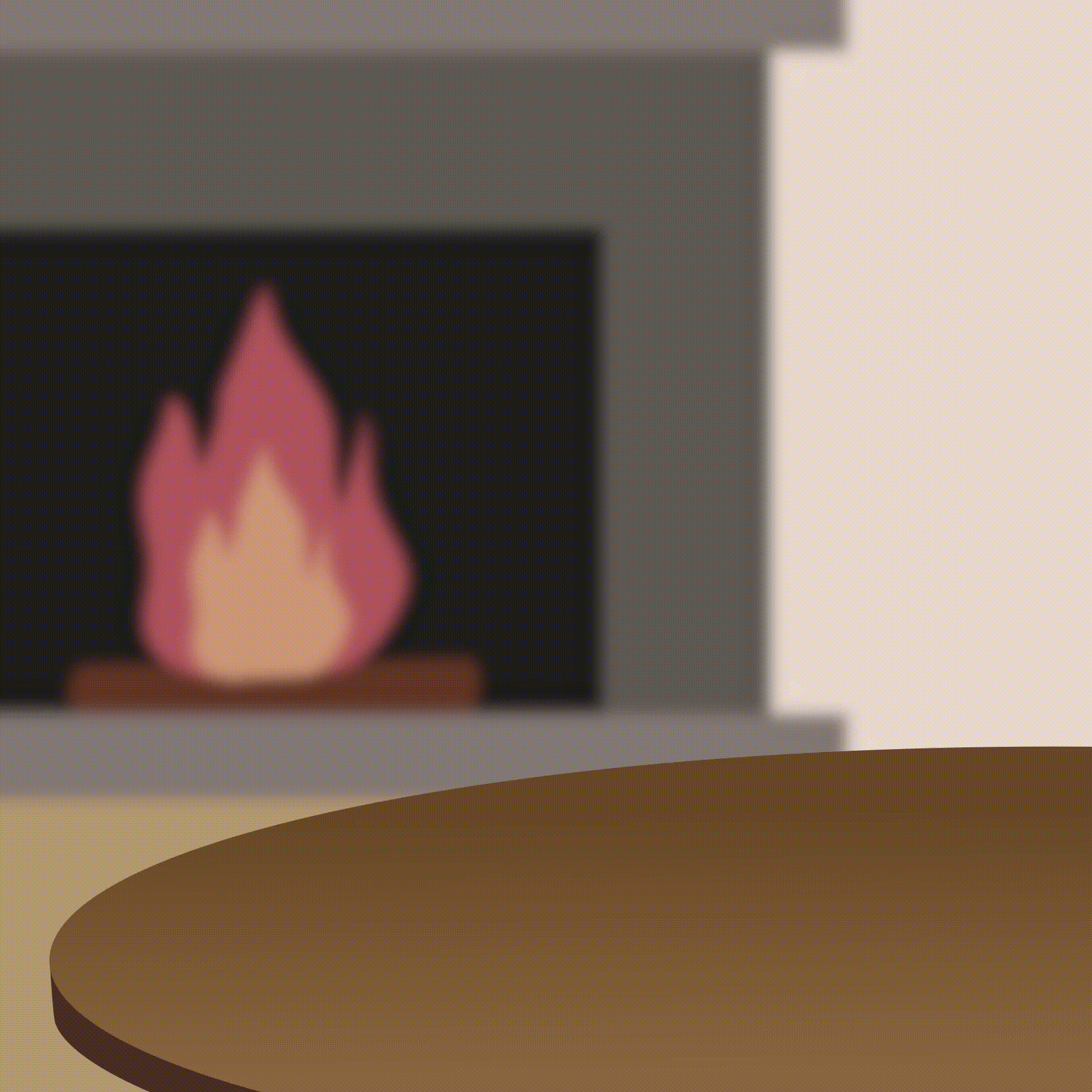 A cozy fire burns in a fireplace in the background as a mug of steaming hot cocoa slides onto the screen on a table in the foreground.