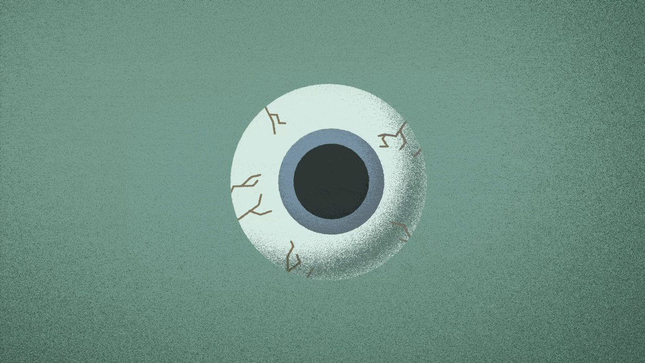 An animated eyeball floats in green liquid as bubbles float up around it.