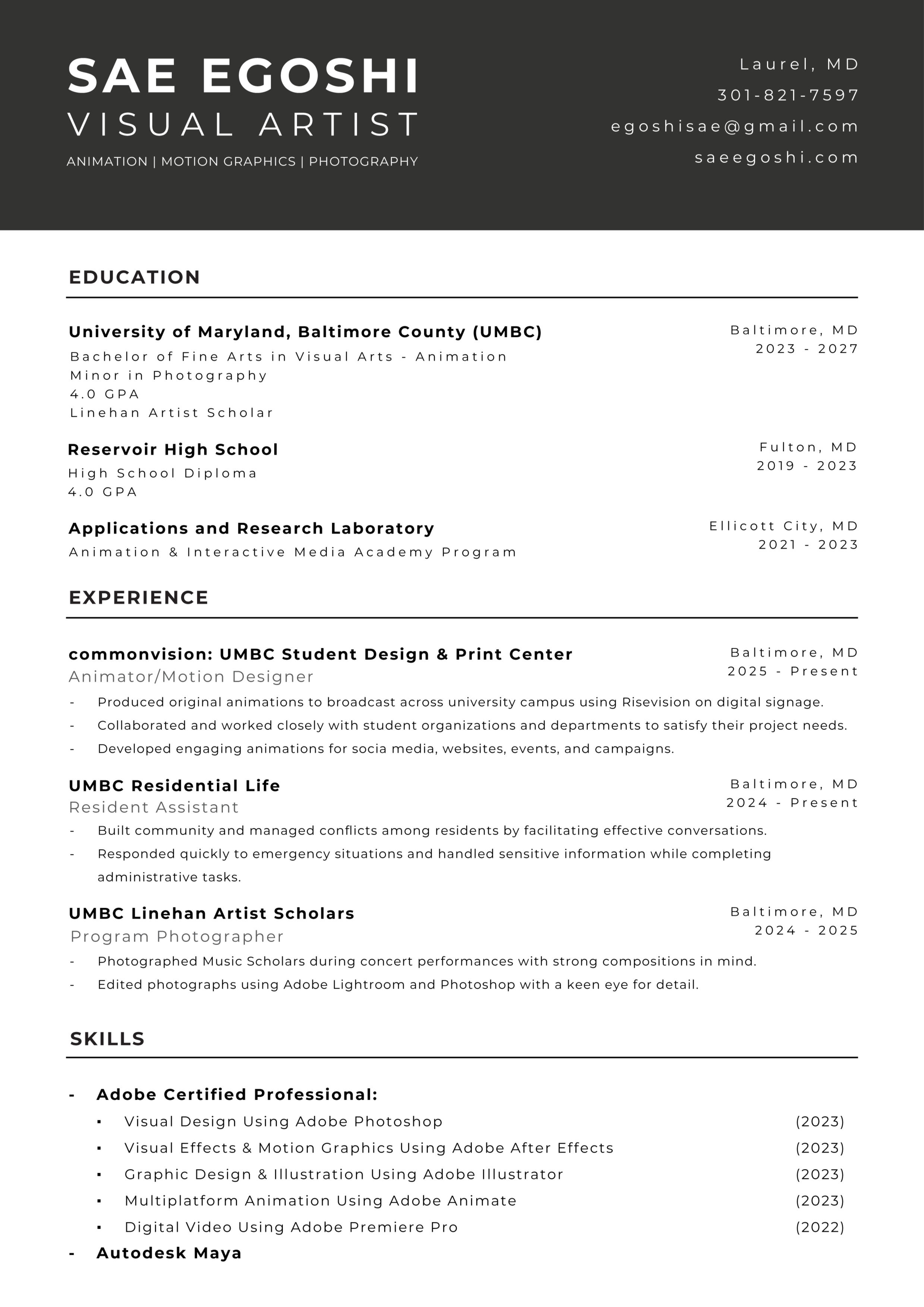 Portrait of Sae Egoshi, an Animator, Motion Designer, and photographer at UMBC.